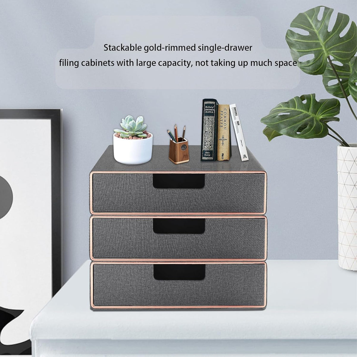 Desk Organizer with Drawer,Stackable Storage 1 Drawer Organizer,PU Leather Handmade Desktop Storage Drawers for A4 Paper/Magazine/Book/Filing/Jewelry/Makeup Home Decor Accessories,Grey