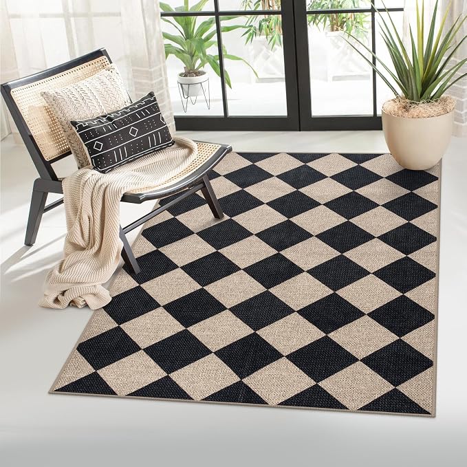 Lahome Checkered Easy Jute 3x5 Entryway Front Porch Rug, Washable Farmhouse