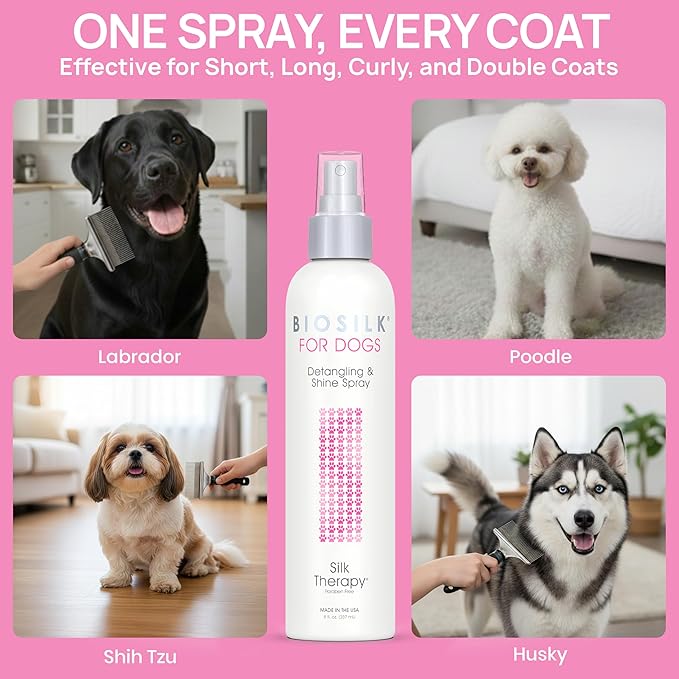 BioSilk for Dogs Detangling Spray with Shine Support, Lightweight Leave in Grooming Mist That Helps Smooth Coats, Detangle, and Add Shine Without Buildup, 8 Fl Oz - 2 Pack