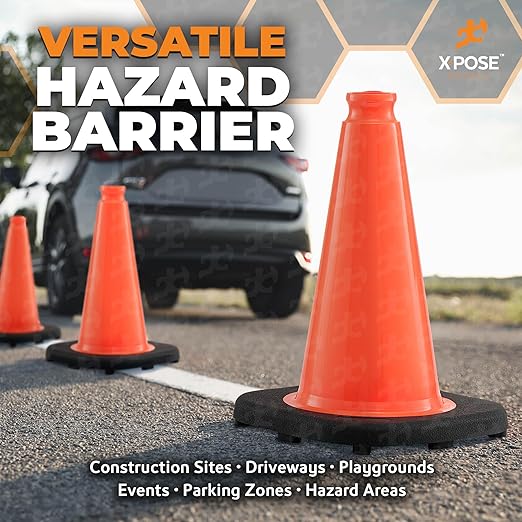 Xpose Safety 12 Inch Orange Traffic Cones, 24-Pack - Multipurpose PVC Plastic Safety Cone for Parking, Soccer, Caution, Kids and Construction - DOT Approved