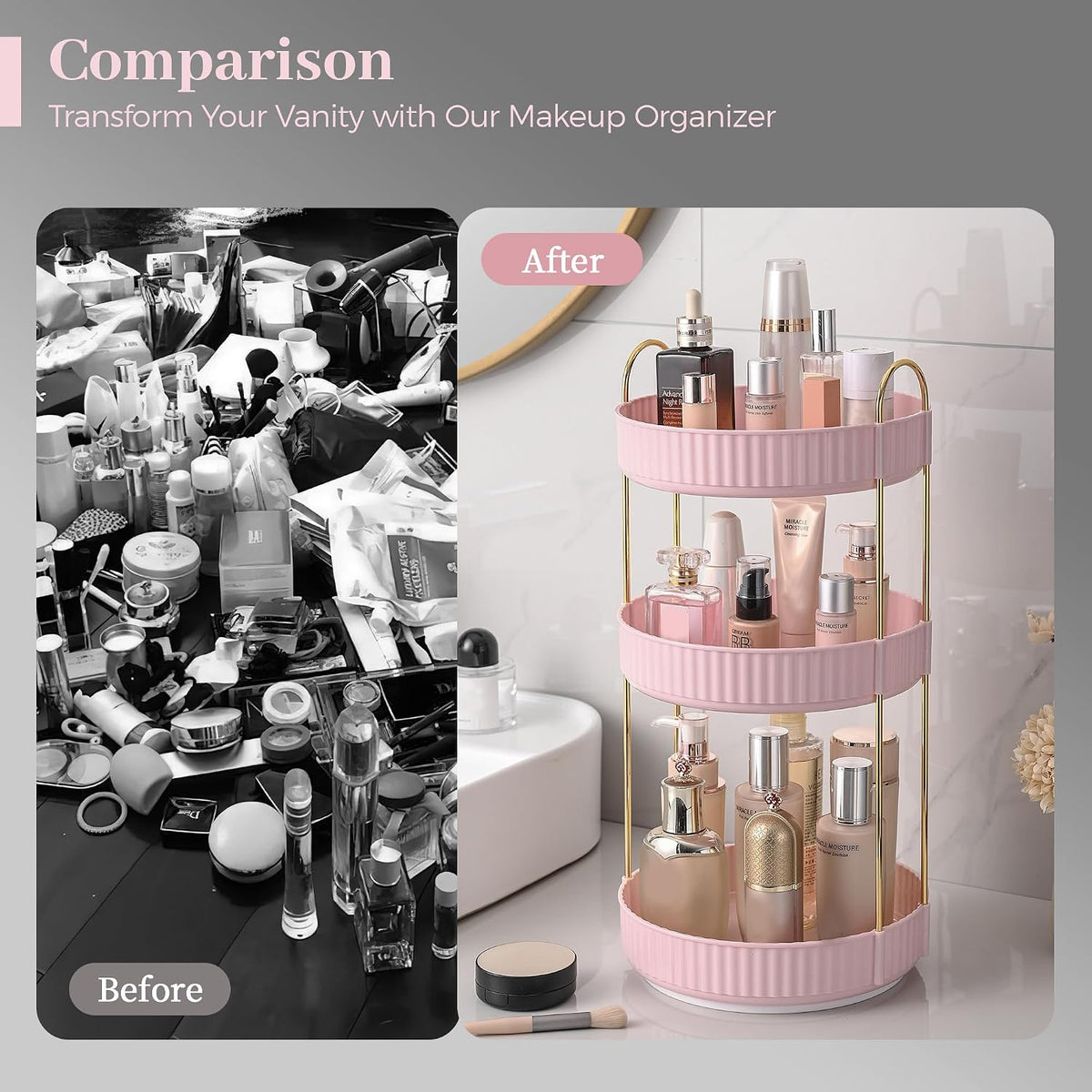 Aveniee Rotating Makeup Organizer, 3-Tier Pink Vanity Storage