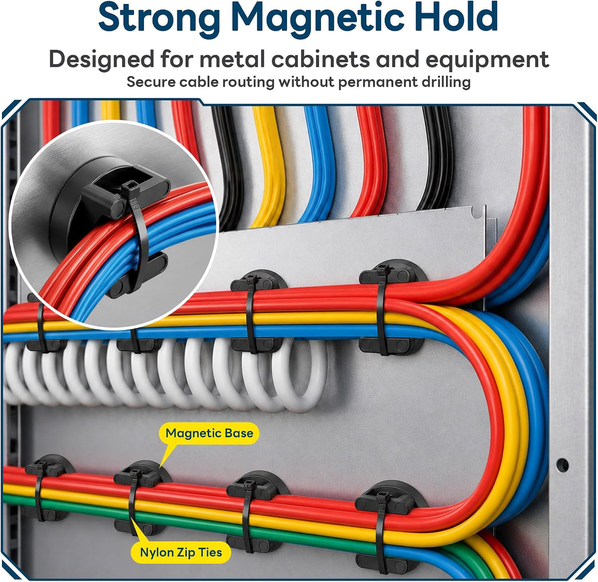 Magnetic Zip Tie Mounts, 26 Pack Magnetic Cable Tie Mounts with 200 Zip Ties, Rotating No-Drill Cable Management Organizer for Server Rack, Electrical Panel, Metal Desk, Strong Magnetic Wire Holders