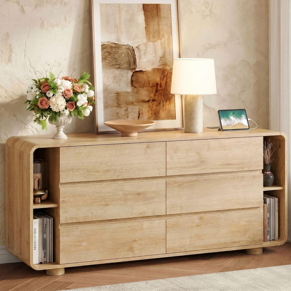 Whalefall 63 Inch 6 Drawer Dresser with Shelves Rounded Corner, Natural Oak