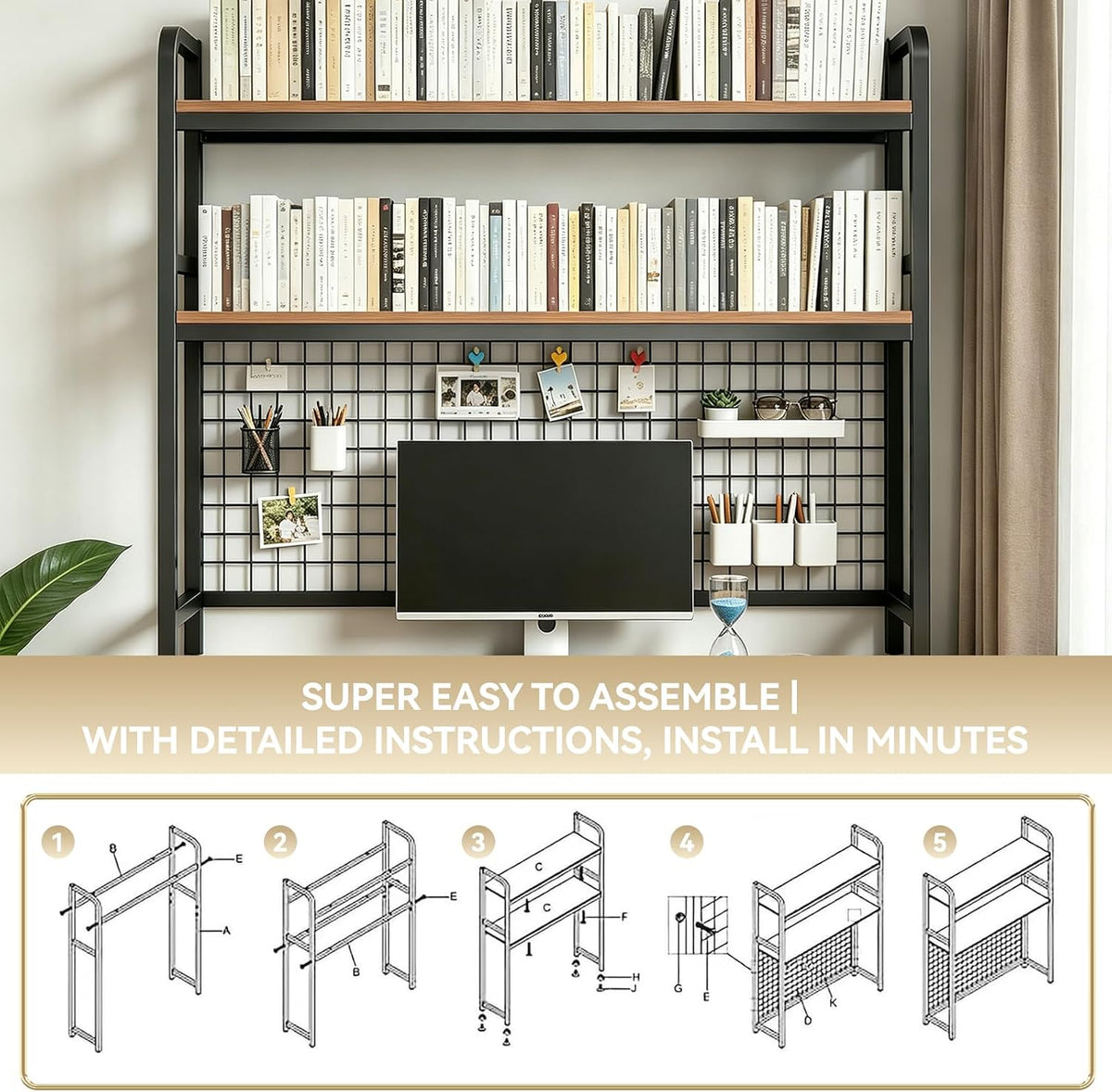 Desktop Bookshelf with Pegboard, 2-Tier Desk Hutch Storage Organizer Rack, Metal Frame & Wood Board, for 27-inch Monitor, Home Office & Dorm，Black,45.3" W