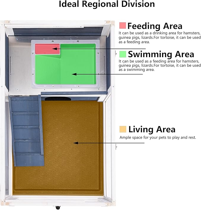 BIRASIL Wood Tortoise Enclosure with Adjustable Light Stand,2-Tier Habitat Reptile Cage with Swimming Area Feeding Area, Tortoises House for Small Animals Lizards Hamster (Gray/White)
