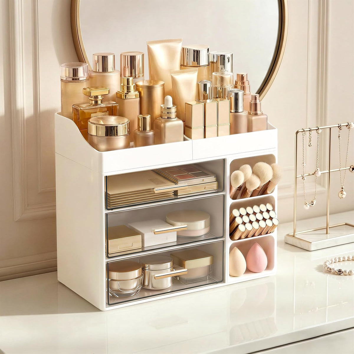 HBlife Makeup Organizer Countertop with Brush Holder, Large Bathroom Counter Organizer with Drawers, Skincare Organizers for Vanity, Plastic Dresser Organizer Storage Gift for Women Girl Mom, White