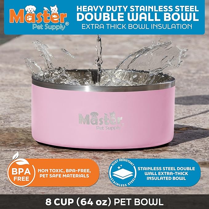 Master Pet Supply Stainless Steel Dog Bowls - 64 oz, Heavy Duty - Rose Quartz, Double Wall Extra-Thick Insulated, Non-Slip Pet Water Bowl for Dogs, Cats & Pets, Anti Rust Metal, Dish Washer Safe