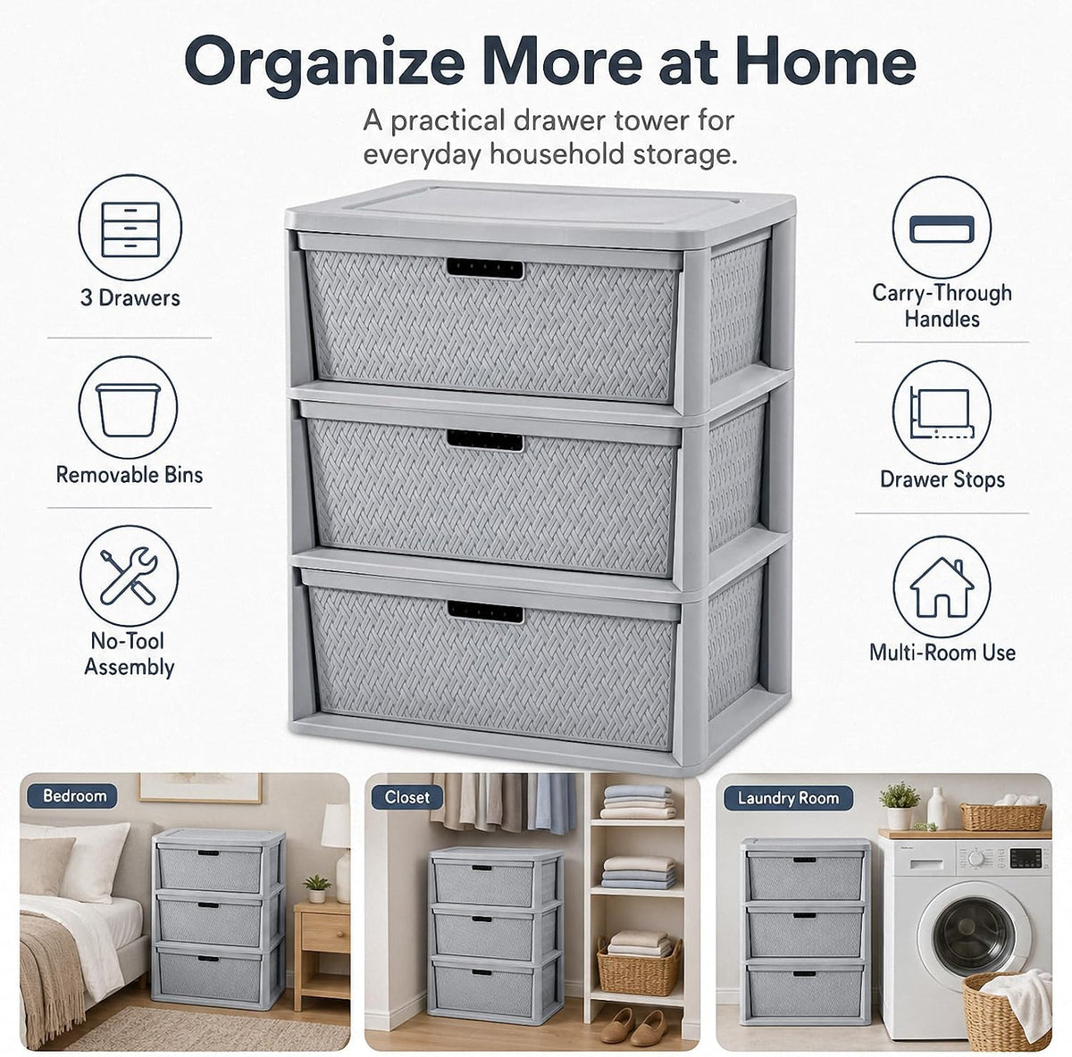 3 Drawer Storage Organizer, Plastic Drawer Organizer Tower, Gray