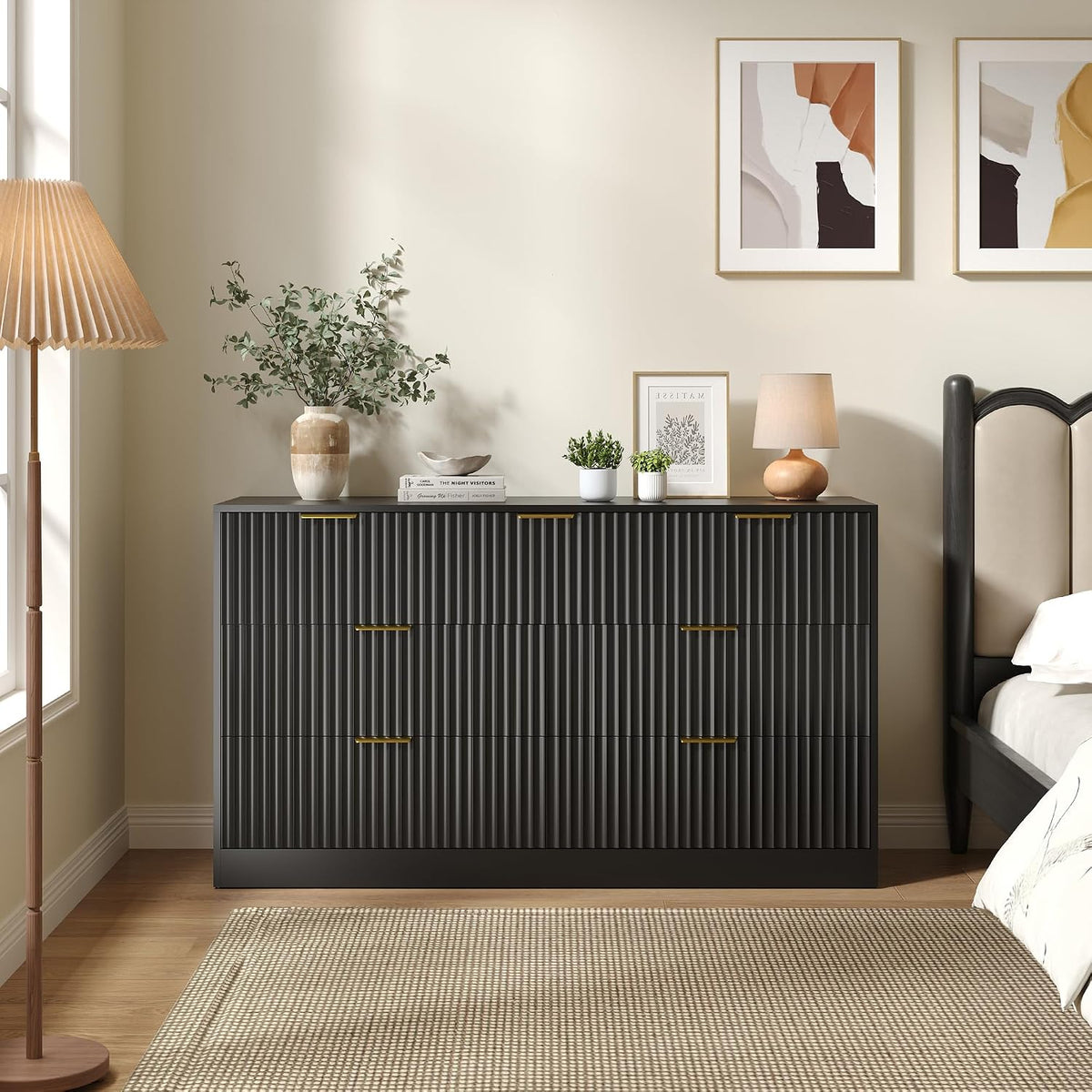 Black 7 Drawer Dresser for Bedroom, 55" Wide Fluted Chest of Drawers with Gold Metal Handles, Modern Wood Dresser Closet Storage Organizer Mid Century TV Stand for Living Room Hallway