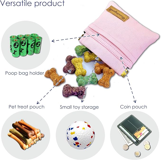 Pocket Sized Pet Training Pouch, Cotton Fabric, Hand Free Dog Walking Bag with Carabiner Self-Closing Pet Feed Snack Reward for Puppy Travel or Outdoor Use (PINK)