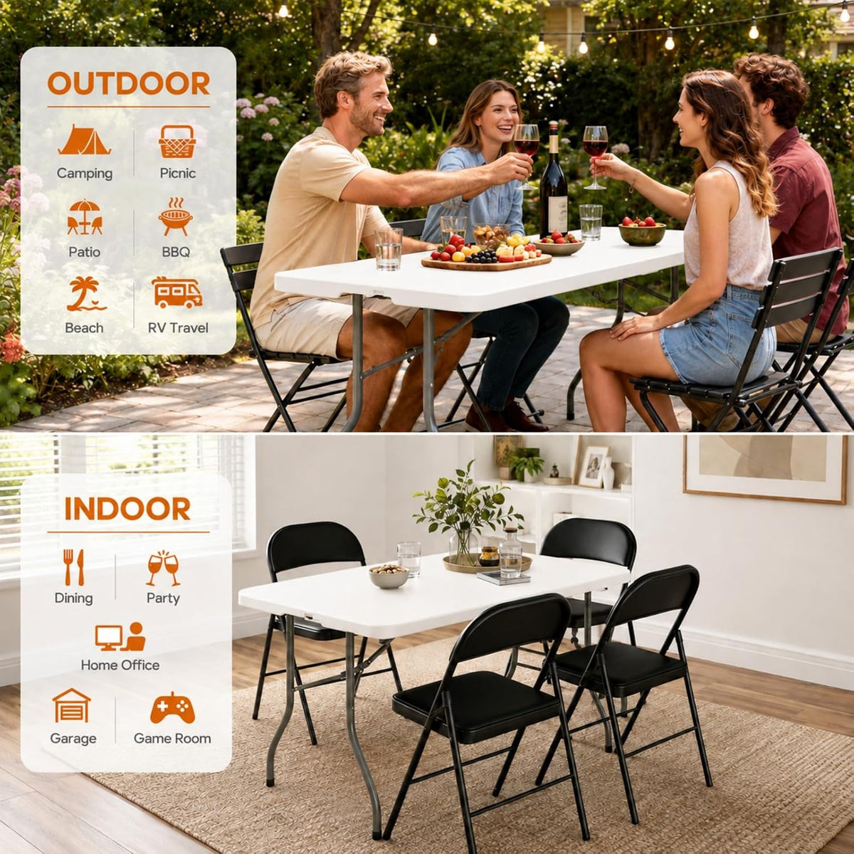 6ft Folding Table Heavy Duty 350 LBS Capacity Foldable Table with 18% Thicker HDPE Waterproof Top & Reinforced Steel Frame, Portable Fold-in-Half Table for Outdoor Indoor Party Wedding Camping