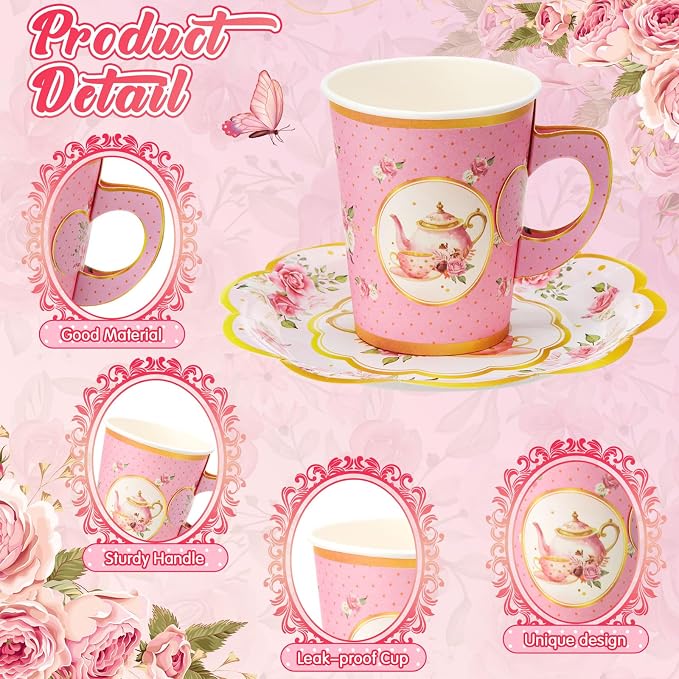 Tioncy 100 Pcs Tea Party Decorations Include 50 Pieces 9 oz Paper Tea Cups