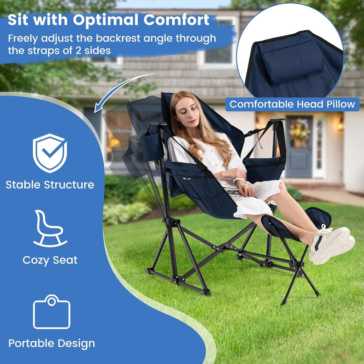 KOTEK Hammock Chair, Portable Camping Chair with Retractable Footrest, Adjustable Backrest, Headrest, Cup Holder & Carry Bag, Folding Rocking Chair for Outdoor Lawn Patio Travel Picnic Fishing (Navy)