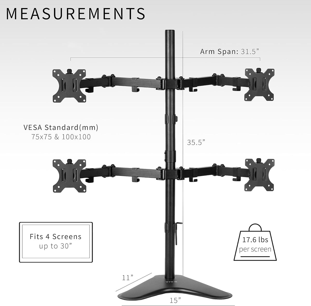VIVO Quad 13 to 30 inch Monitor Free-Standing Mount, Fully Adjustable Desk Stand, Holds 4 Flat or Curved Display Screens, STAND-V004F
