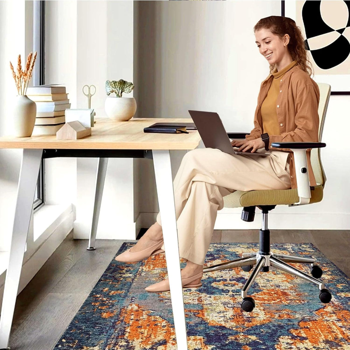 Office Chair Mat for Hardwood Floor, 48"x60" Desk Chair Mats for Rolling Chair Easy to Clean, Anti-Slip Floor Protector Rug Easy Glide Desk Computer Chair Mat for Hard Floor Home Office(Blue Orange)