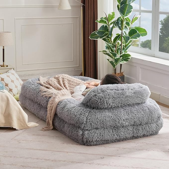 Gray Foldable Human Dog Bed - 69"x35"x12" Fits You & Pets with Comfy Pillow, Washable Faux Fur, Oversized Lounger Lazy Sofa Beds with 5 Adjustable Position