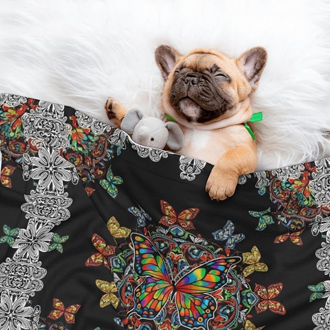 Reversible Plush Dot Pet Blanket for Dogs and Cats, Butterflies Mandala Rainbow Art Black and White, Ultra Soft Two Sided Design with Warm Fuzzy Side and Smooth Side for Comfort