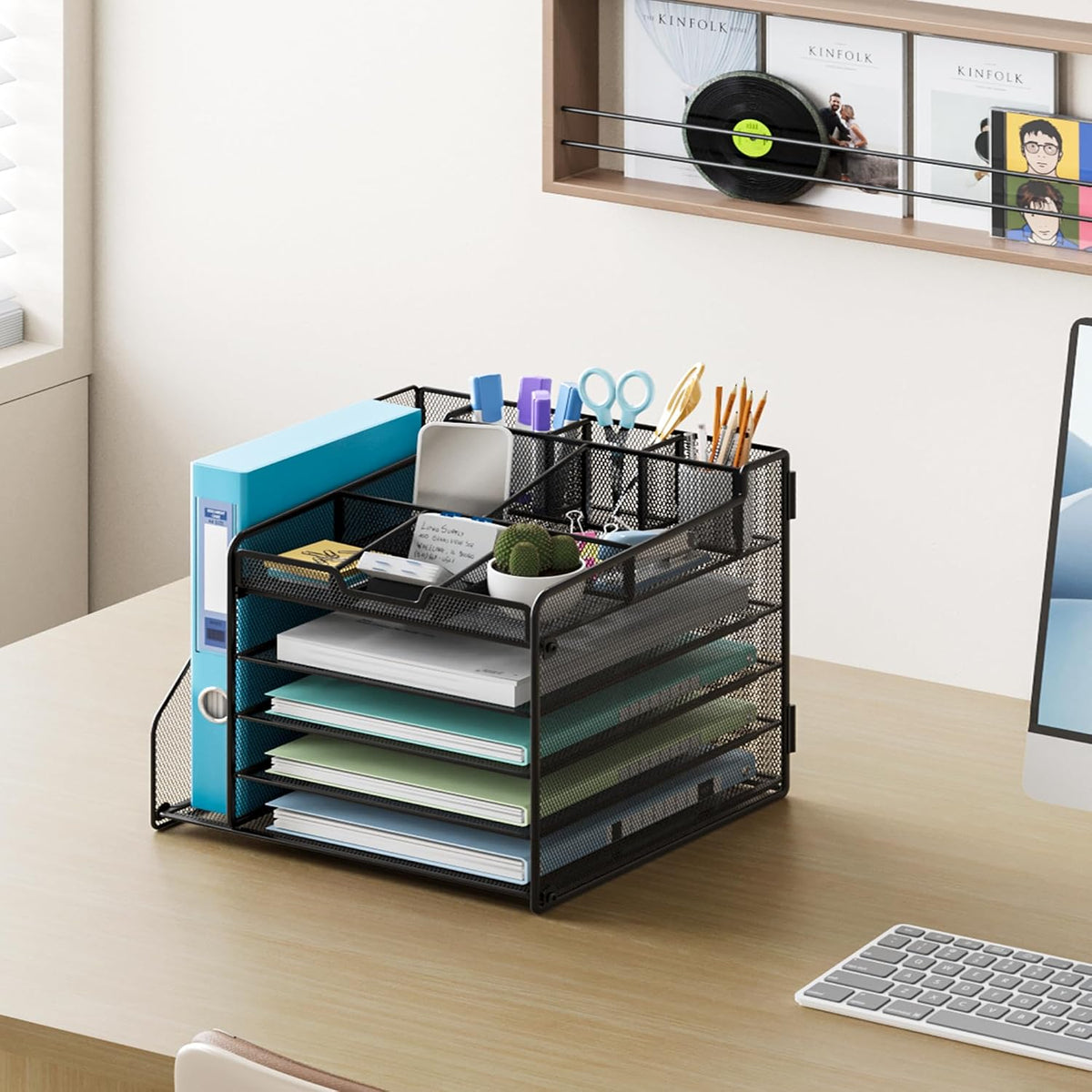 Lavatino Desk Organizer, 5-Tier Metal Mesh Paper Letter Tray with 1 File Holders & 7 Flexible Dividers for Office or Home Desk Organizers and Accessories, Keep Workspace Supplies Neat, Black