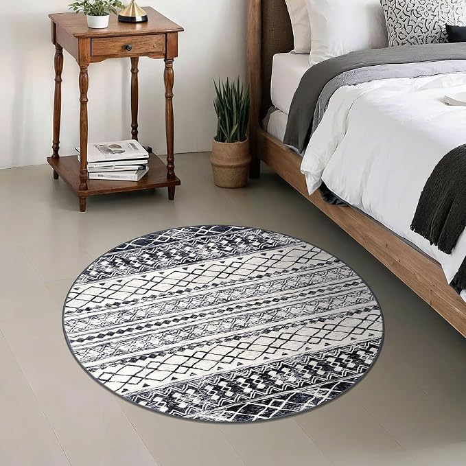 KUTA Round Washable Rug 3Ft Boho Black Navy Blue Entryway Rugs, Moroccan Foyer
