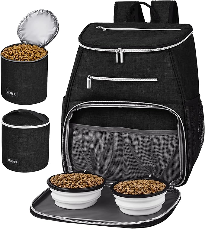 BAGLHER丨Dog Travel Bag Backpack, Airline Approved Pet Supplies Backpack, Dog Travel Bag with 2 Silicone Collapsible Bowls and 2 Food Baskets, Black