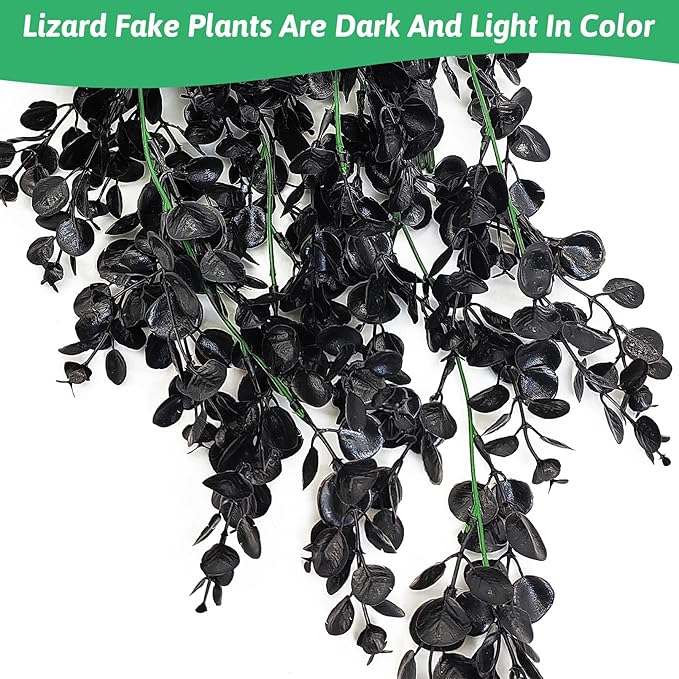 Hamiledyi 4 PCS Reptile Plants, Hanging Terrarium Plants, Artificial Leaves Habitat Decorations with Suction Cup, Fake Amphibian Plants for Bearded Dragon Lizard Hermit Crab Geckos Chameleon(Black)