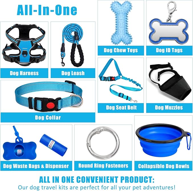No Pull Dog Harness Adjustable Collar & Leash Set - Dog Halter Harnesses Collapsible Bowls & Poop Bag Dispenser Muzzle ID Tags Toys Fits Small Medium Large Dogs (Blue-L)