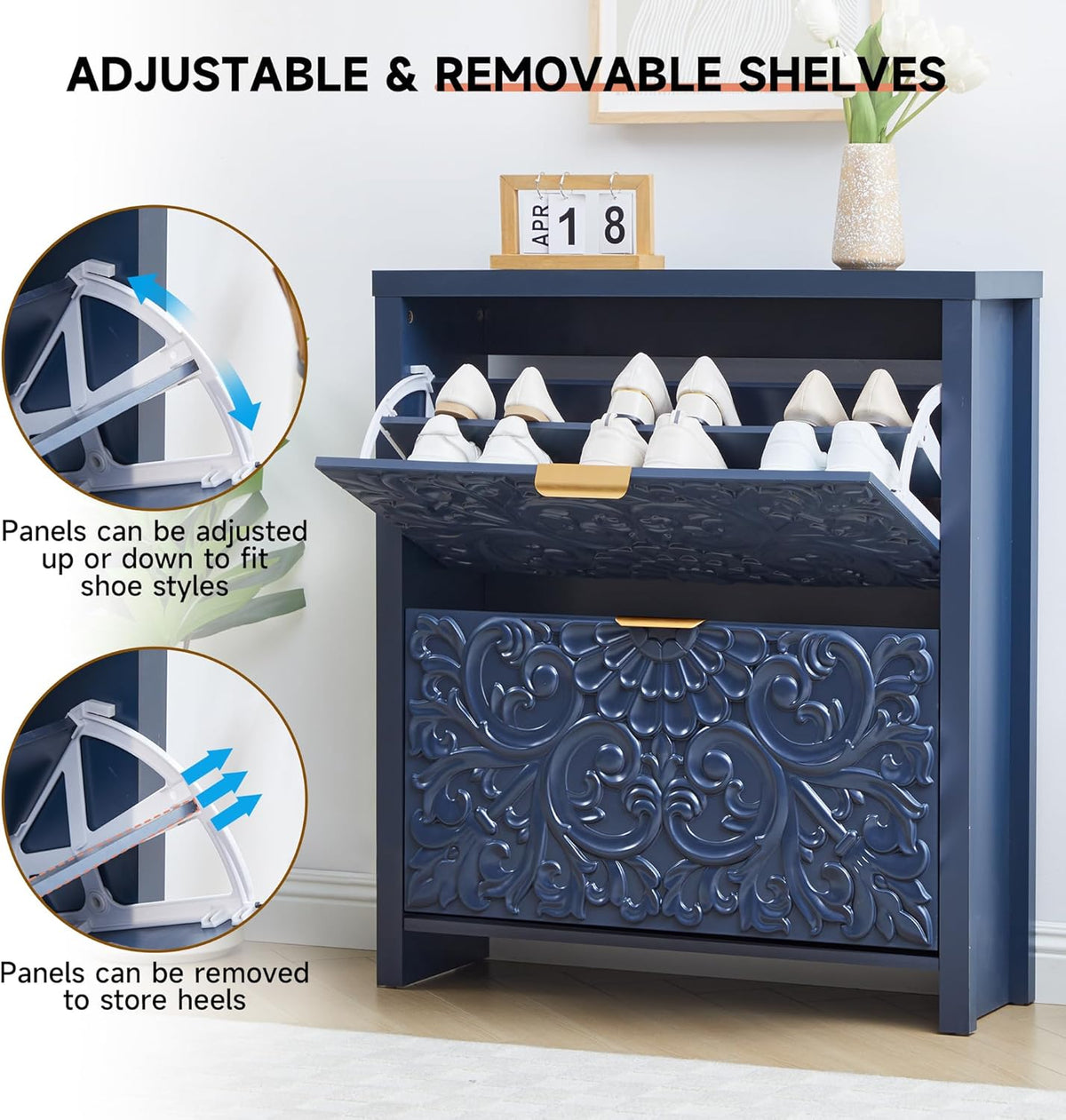 Shoe Cabinet with Flip Drawers, Narrow Shoe Storage Cabinet, 2-Tier Hidden Shoe Organizer with Floral Embossed for Entryway, Mid-Century Modern Slim Shoes Storage for Hallway Foyer (1, Midnight Blue)