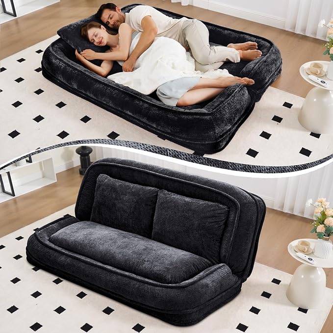 Extra Large Human Dog Bed for Adult & Pets, Convertible Floor Sofa Bed with 5 Adjustable Position, Lazy Couch Giant Bean Bag Lounge Chair Comfy Tatami with 3 Pillows for Bedroom Living Room (Black)