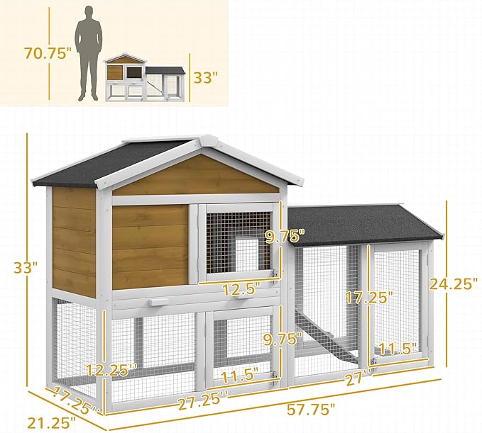 PawHut 58" Rabbit Hutch, Wooden Bunny Hutch, Guinea Pig Cage, Small Animal Enclosure with Run Area, Removable Tray, Asphalt Roof, Lockable Doors and Ramp, Nature Wood