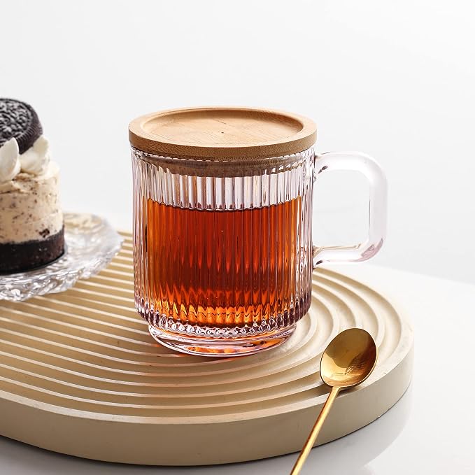Lysenn Pink Glass Mug with Lid, Premium Glass Coffee Mug, 12 oz Tea Cup |