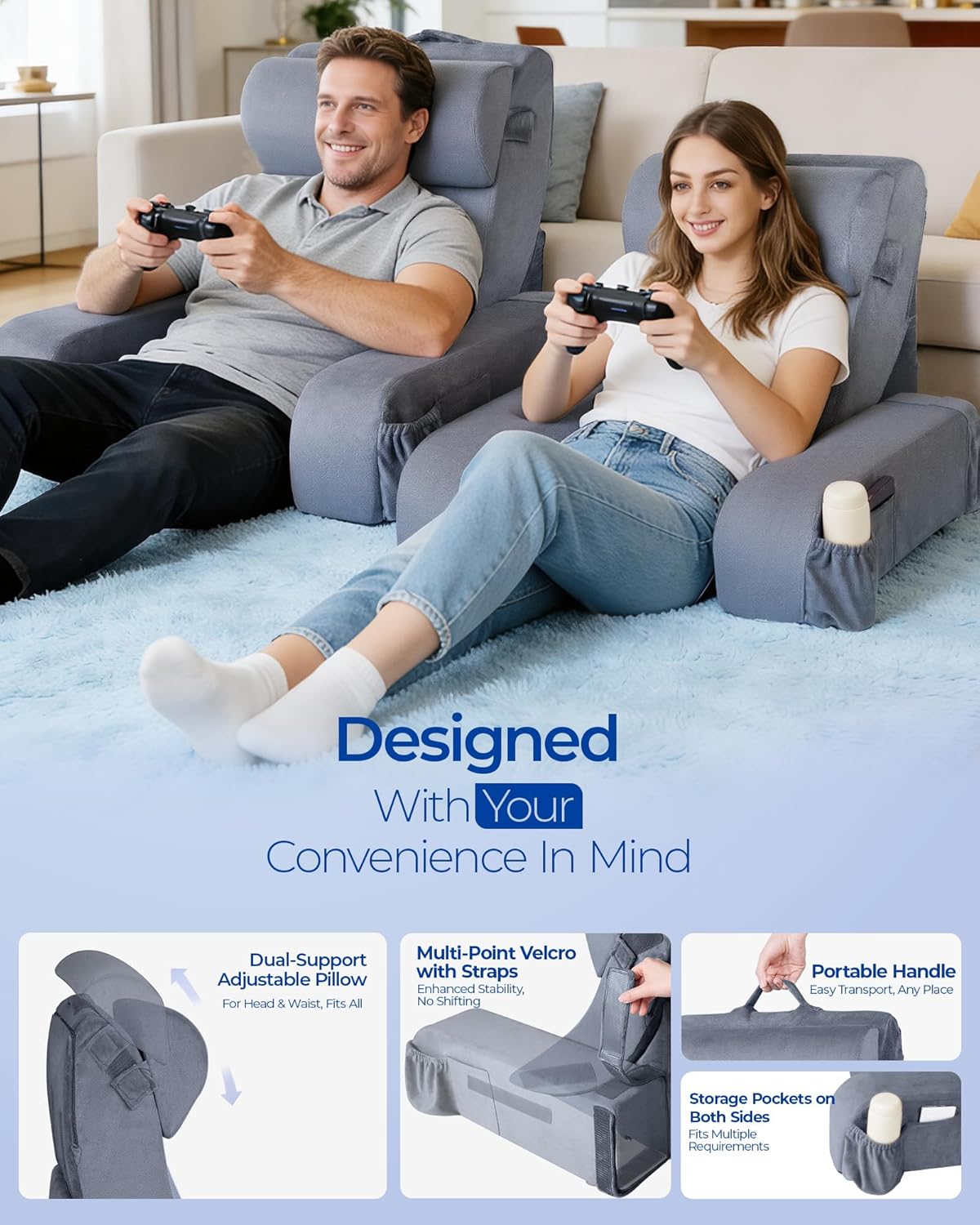 Kayfia Reading Pillow, 30-90° Stepless Adjust Angle & Height, Medium, Grey