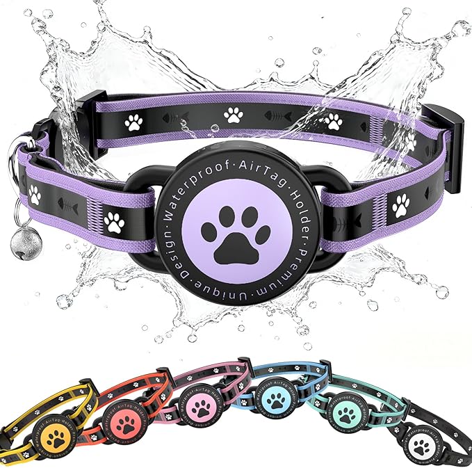 Airtag Cat Collar Breakaway, Reflective Cat Collar with AirTag Holder and Bell, Compatible with Apple Air Tag, Comfortable Padding, Adjustable, Durable (Purple, S)