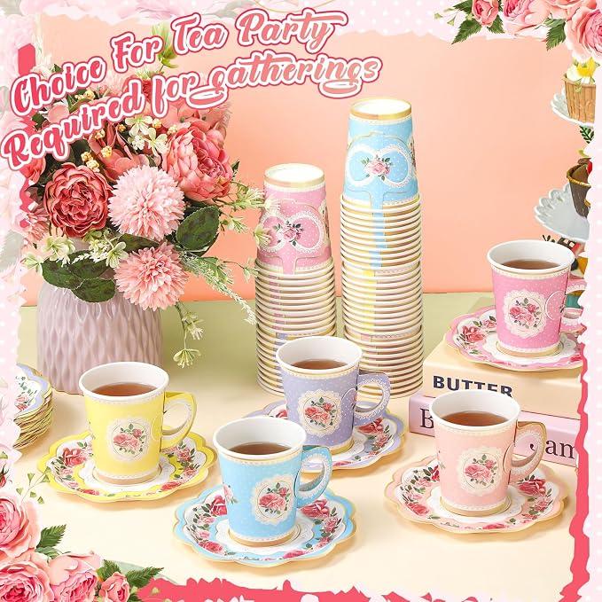 Tioncy 100 Pcs Tea Party Decorations Include 50 Pieces 9 oz Paper Tea Cups