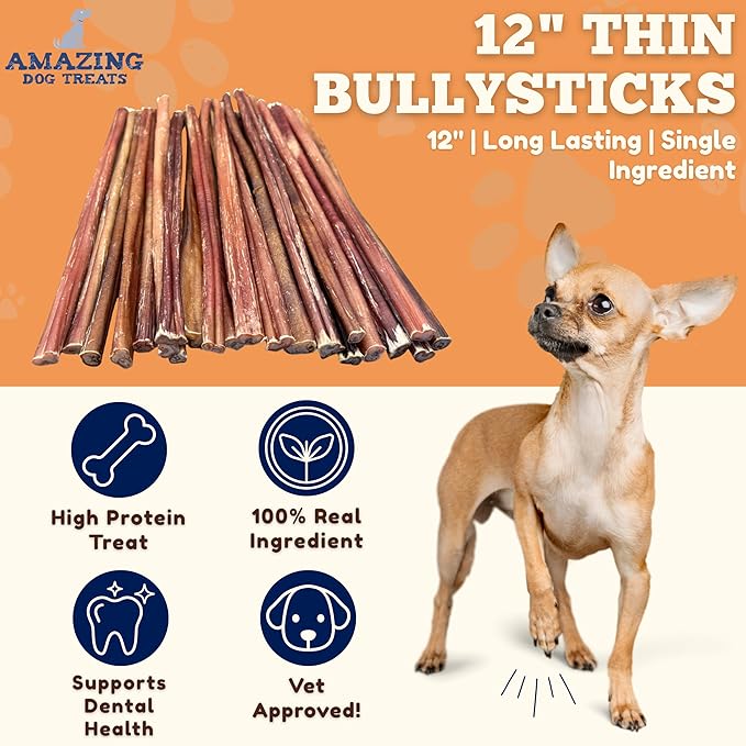 Amazing Dog Treats - Bully Sticks for Small Dogs (12 Inch Small- 50 Count) - Premium Thin Junior Bully Sticks for Dogs