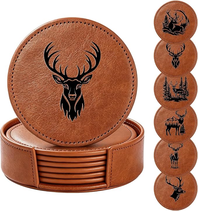 6 Packs Stag Pattern Leather Coaster