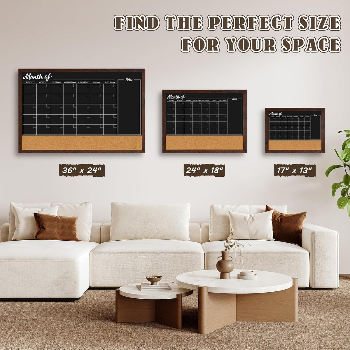 4 THOUGHT Chalkboard Calendar Corkboard Combo 36" x 24", Rustic Brown