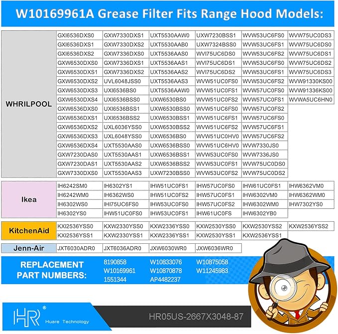 Updated W10169961A Range Hood Filter, Stove Vent Filter, Fits Whirlpool