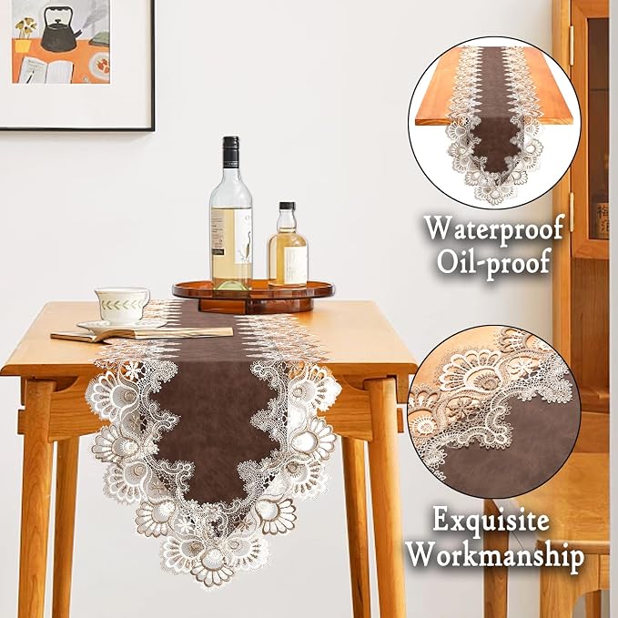Lace Table Runner, Waterproof Oil-Proof PU Leather Table Runner