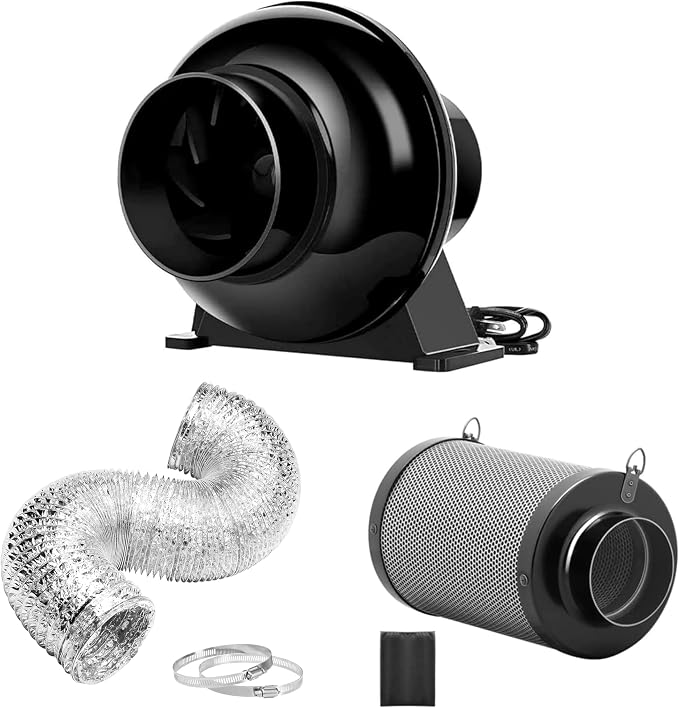 iPower 4 Inch 195 CFM Inline Fan, Air Carbon Filter, 8 Ft Al Foil Ducting