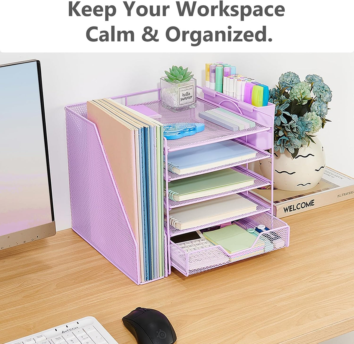 5-Tier Desk File Organizer with Drawer & Pen Holder (Purple)