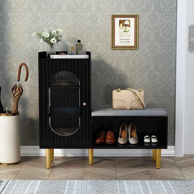 HLR Storage Bench with Glass Door&Shelf, Modern Entryway Shoe Cabinet Bench
