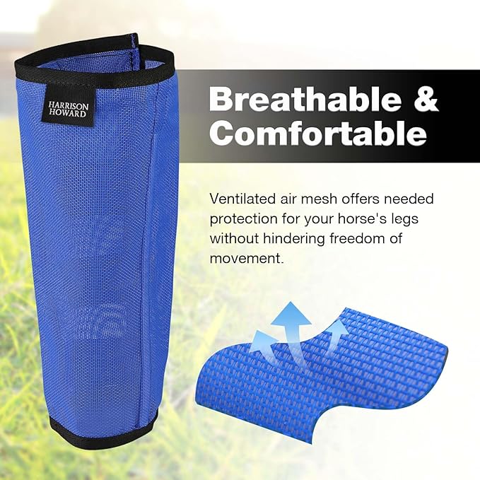 Harrison Howard Loose-Fitting Horse Fly Leggings Breathable, Tear-Resistant Fine Mesh Leg Guards Stay-on Comfortable Fly Boots (Set of 4) Blue Large
