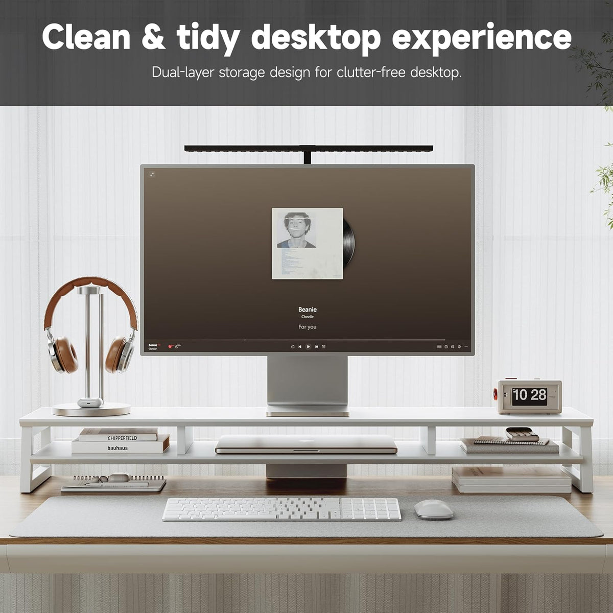 Dual Monitor Stand Riser for Desk, 41.7 Inch Large 2 Tier Computer Monitor Stand for 2 Monitors, Desktop Storage Organizer Shelf with Keyboard Space for Laptop PC Printer White