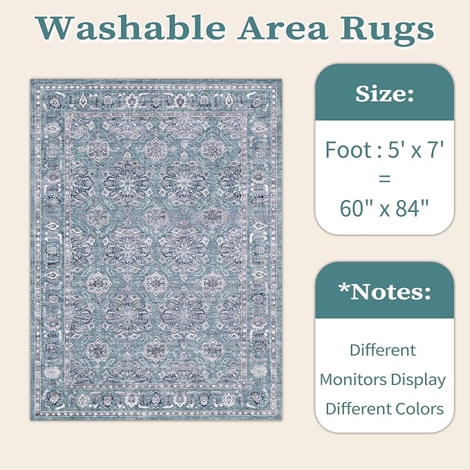 SERISSA Boho Area Rug 5x7 Blue Grey, Washable Large Rugs