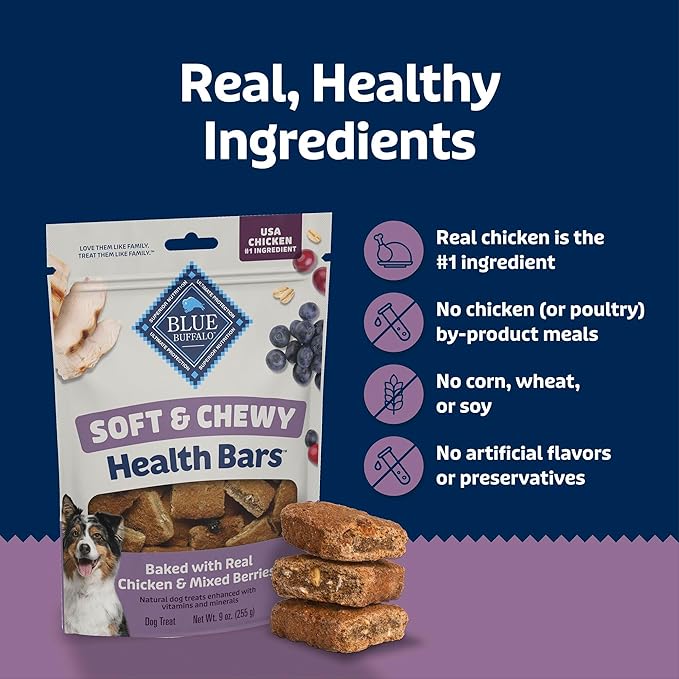 Blue Buffalo Soft & Chewy Health Bars, Baked with Real Chicken & Mixed Berries, Natural Dog Treats Enhanced with Vitamins and Minerals, 9 oz. Bag