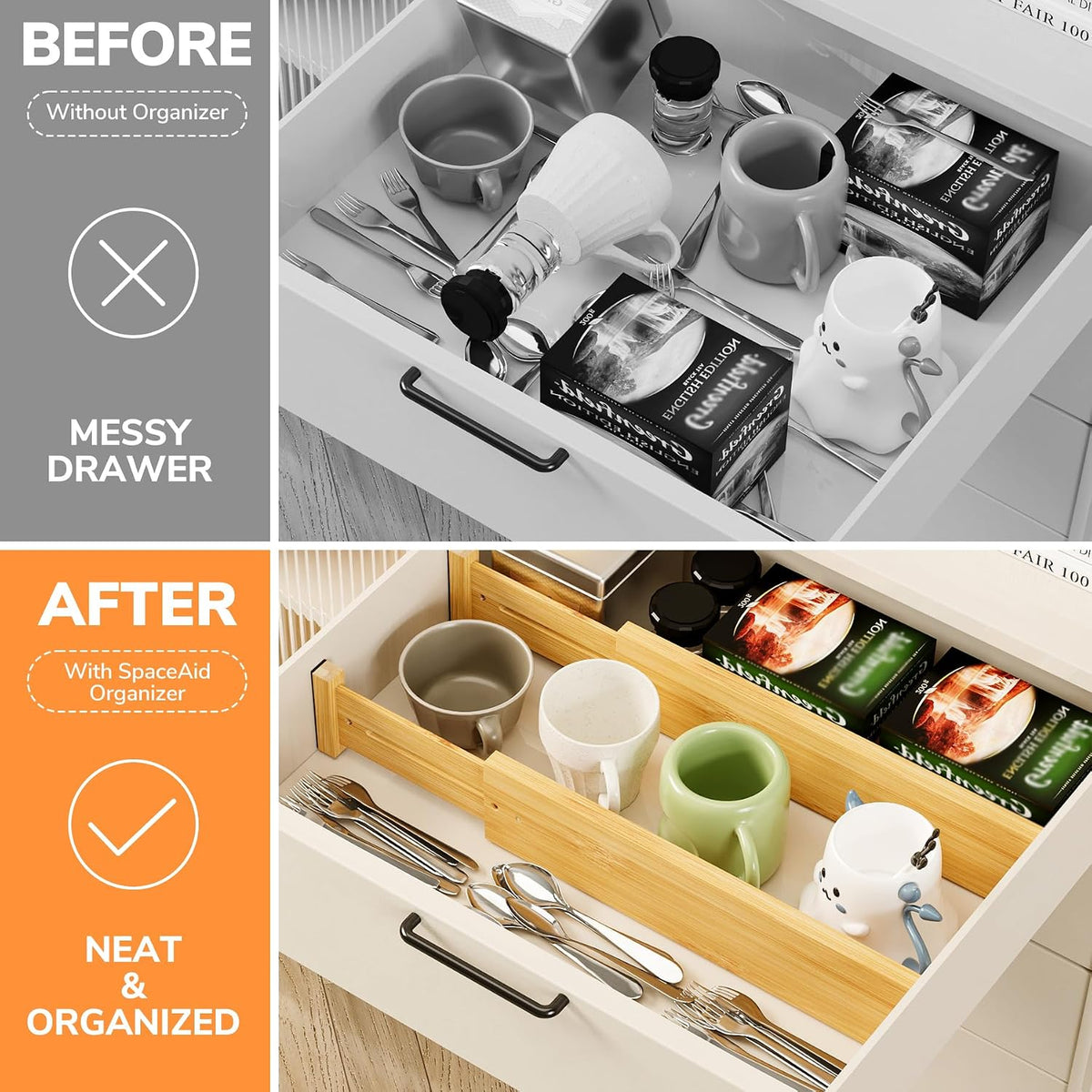 BAMEOS Bamboo Expandable Drawer Dividers – Fits 13.3"–19" Drawers, 3" Deep Walls, Set of 4 | Spring-Loaded Separator for Deep Kitchen & Bathroom Drawers, Prevents Items Falling Over
