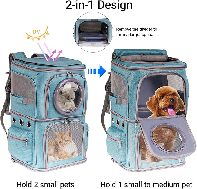 2-in-1 Pet Carrier Backpack for Two Cats or One Dog, Green Double-Layer 2 Compartment Carry Bag to Transport Small Animals Traveling and Hiking, Space Capsule Clear Bubble Dome