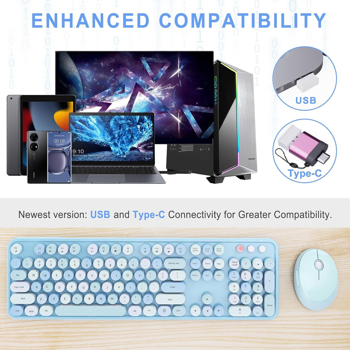 Wireless Keyboard and Mouse Combo, Ergonomic Full Size Typewriter Retro Round Keycaps Keyboard, Compatible with Windows, PC, Perfer for Home and Office Keyboards (Blue