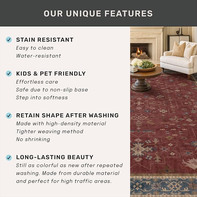 Hazo Haus Boho Washable 3x16 Extra Long Hallway Runner Rug, Burgundy Waterproof