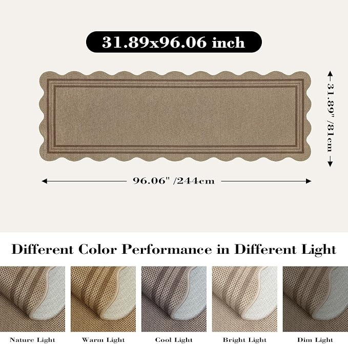Scalloped Easy Jute 2.6x8 Kitchen Runner Rug, Washable Rugs